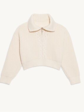 Sandro Cream Cropped Cable-Detail Zip Collar Sweater